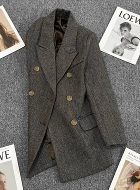 今年流行特惠灰色人字纹中长款毛呢外套女2024新款春秋设计感