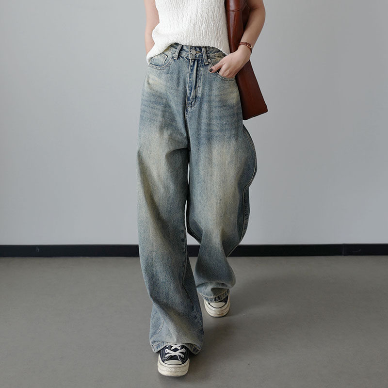 日系复古做旧阔腿牛仔裤女2024新款高腰宽松显瘦直筒拖地长裤子潮