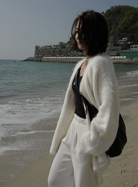 bounded有界白色开衫苏里羊驼毛毛衣宽松慵懒秋冬拉毛上衣外套女