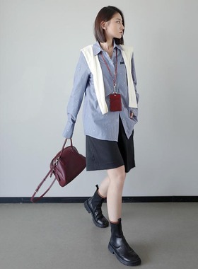 高品质学院风蓝色条纹衬衫纯棉通勤简约闪钻长袖叠穿衬衣宽松