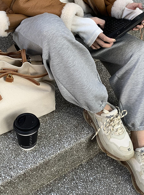 重工垂感宽松哈伦裤高腰运动裤休闲长裤宽松阔腿束腿裤灰色卫裤女