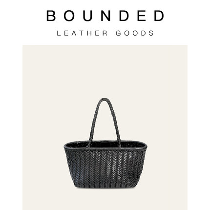 bounded有界 真皮手工编织托特菜篮子竖条编织单肩手提包
