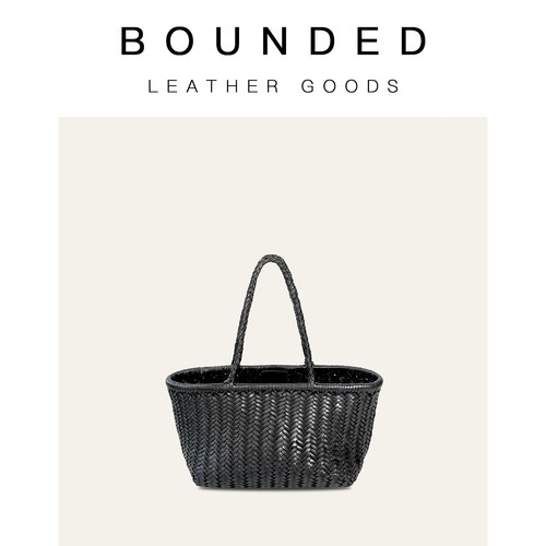 bounded有界 真皮手工编织托特菜篮子竖条编织单肩手提包