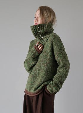 韩式慵懒风秋冬棕绿色套头重磅羊毛毛衣一衣多穿百搭时尚女