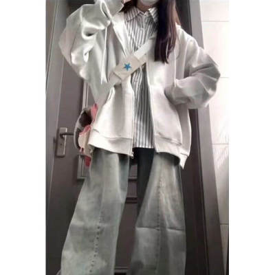 白灰色早秋连帽卫衣女初中生百搭学生慵懒学院风宽松拉链开衫外套