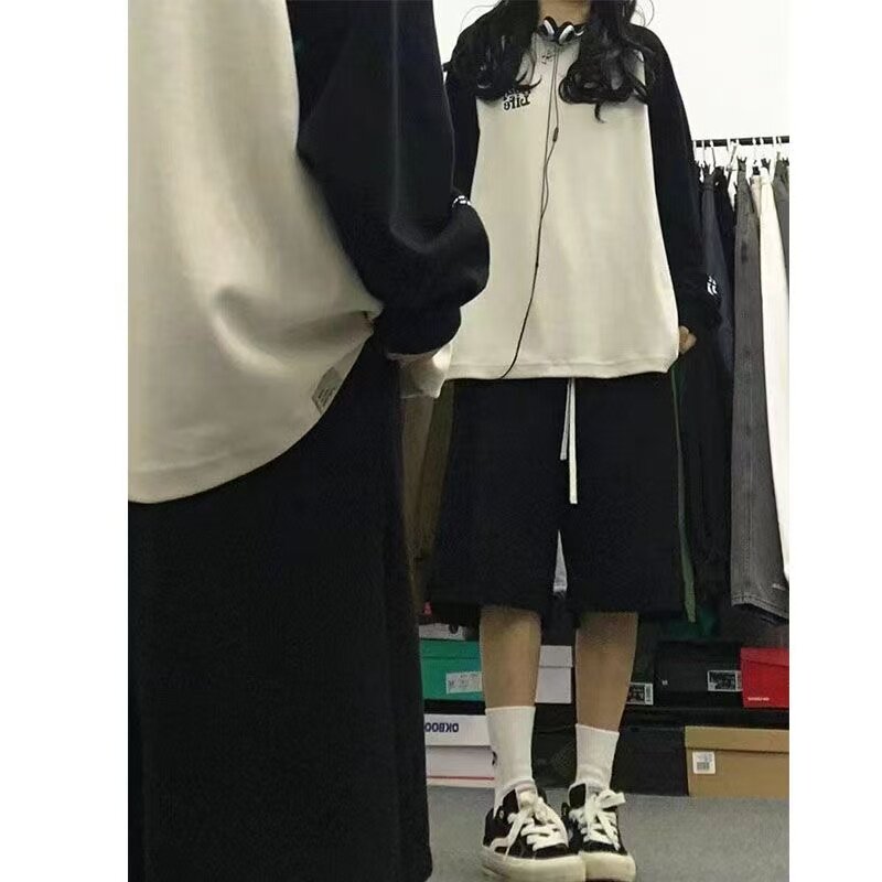 黑色运动五分裤女夏学生高腰阔腿中裤ins宽松百搭休闲美式短裤子