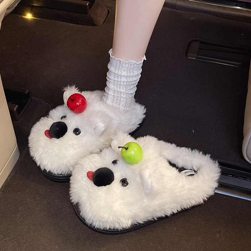 2025秋冬季新款可爱卡通毛茸茸小狗毛毛拖鞋女外穿厚底百搭棉拖鞋