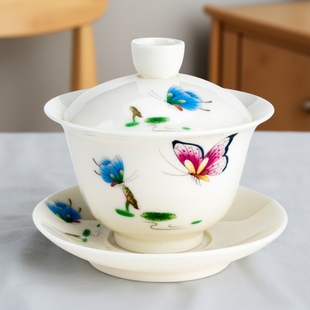 盖碗泡茶杯单个大号白瓷家用功夫茶具陶瓷茶道配件青花玉瓷三才碗