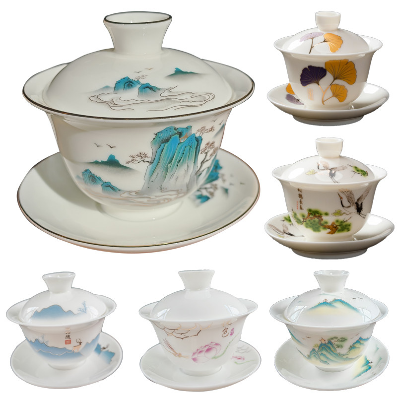 德化羊脂玉陶瓷盖碗中国白手工复古山水画茶具防烫茶碗博德韵礼,餐饮具,盖碗,淘宝优惠券,粉丝福利购,淘宝优惠卷