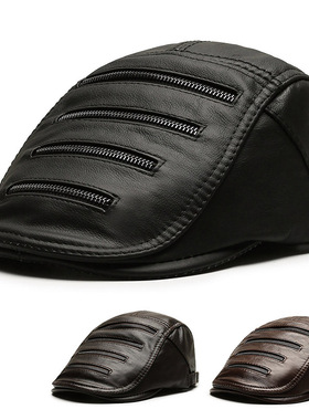印logo新款头层牛皮前进帽男士秋冬季真皮帽子中年老人拉链设计前