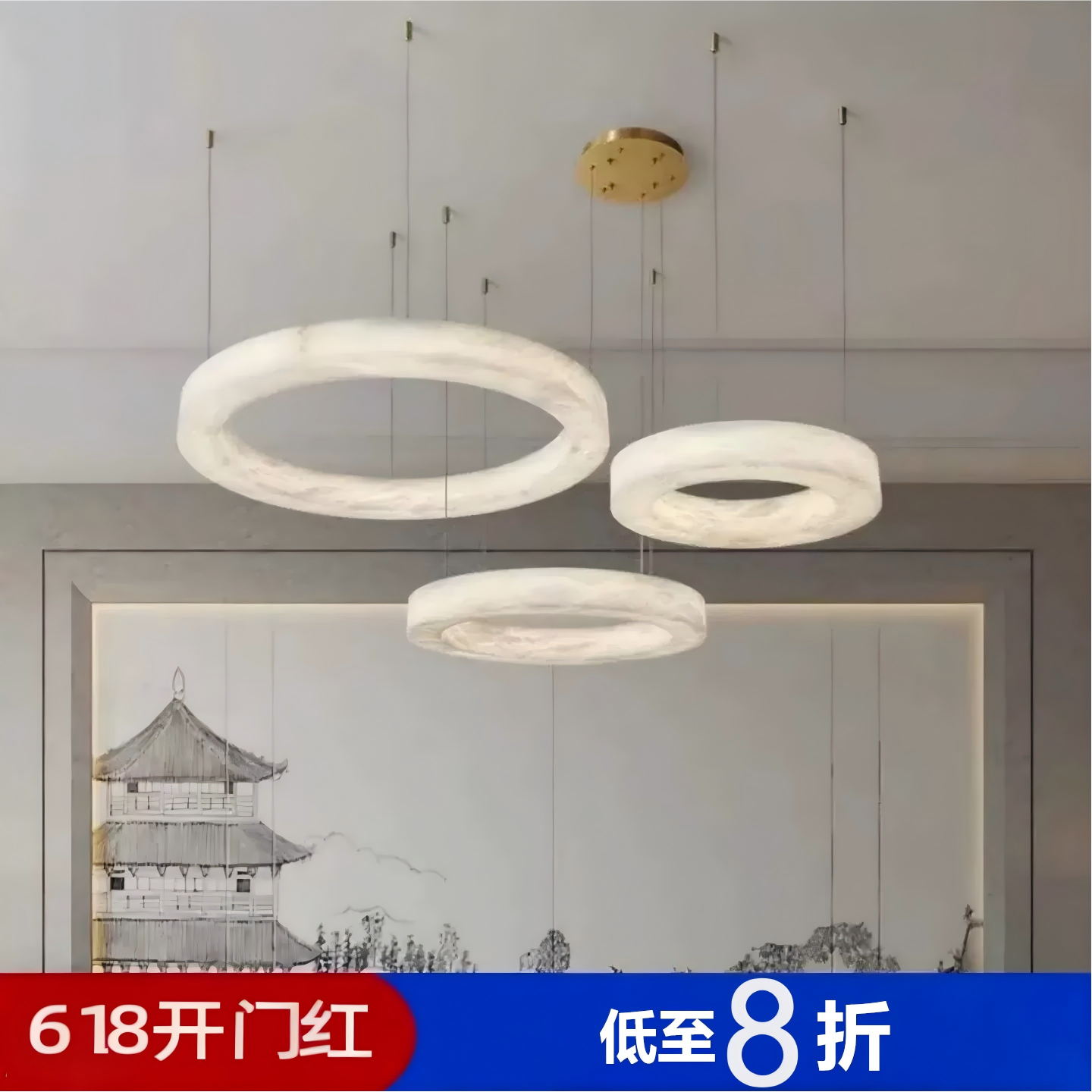现代简约轻奢不锈钢云石客厅吊灯