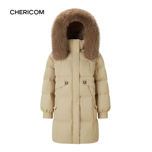 千仞岗冬季女士长款连帽羽绒服大毛领加厚抽绳收腰显瘦保暖外套