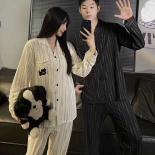 条纹黑猫【仿棉】日系情侣睡衣男女春季长袖卡通刺绣小黑猫家居服