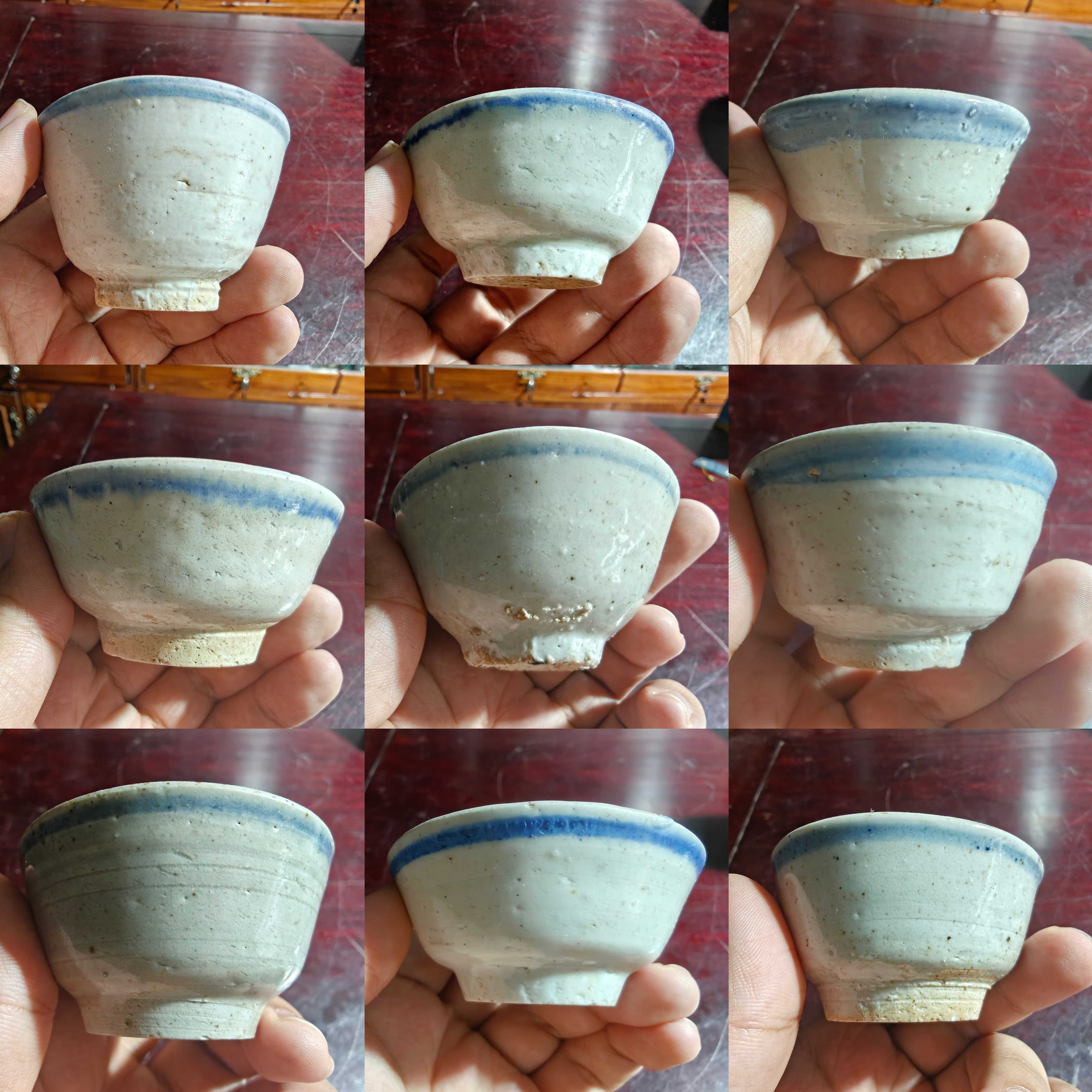 清代民窑青花小杯老瓷器古玩收藏怀旧复古茶盏豆青釉粗胎实用器
