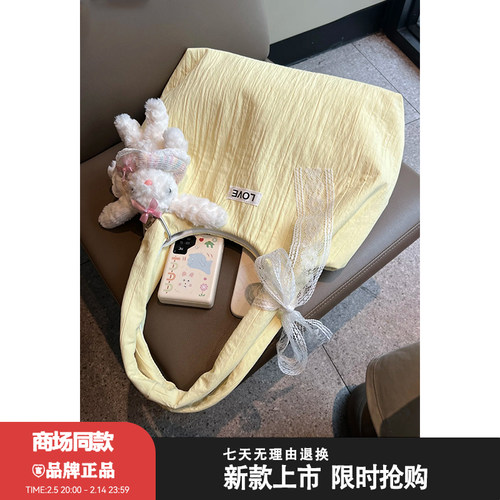 日系ins奶油黄夏日可爱甜美大学生上课购物袋大容量单肩帆布包女