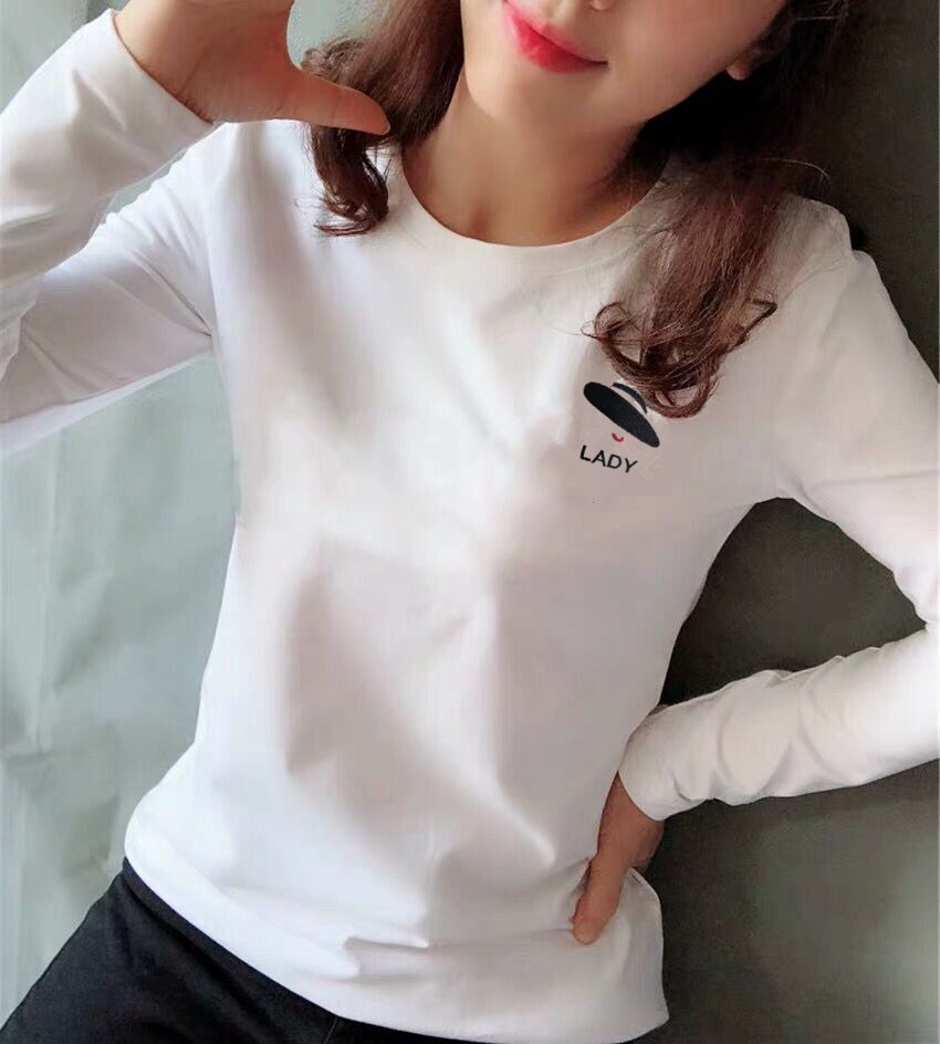 2024春装白色t恤女长袖纯棉宽松字母圆领韩版百搭修身显瘦打底衫
