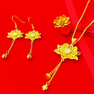 新中式古法镂空荷花两世欢莲蓬镀金项链女仿真沙金首饰毛衣链吊坠