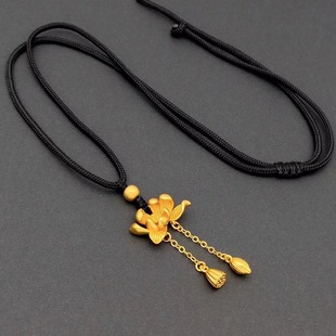 气质古韵镀金古法荷花吊坠编绳项链仿沙金两世欢莲蓬项链女毛衣链