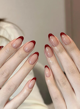 红色法式美甲纯手工穿戴甲中长款2025新款高级感秋冬指甲贴片显白
