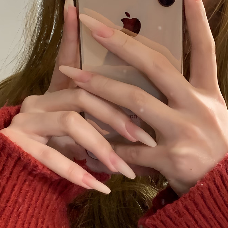 纯手工磨砂裸色穿戴甲中长款显白