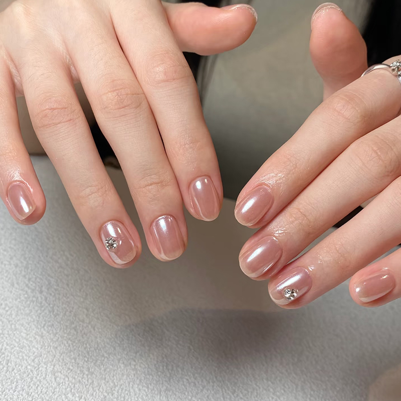 纯手工裸色穿戴甲短款黄黑皮显白