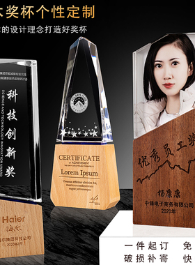 创意实木水晶奖杯定制作木质奖牌授权牌定做刻字企业优秀员工年会