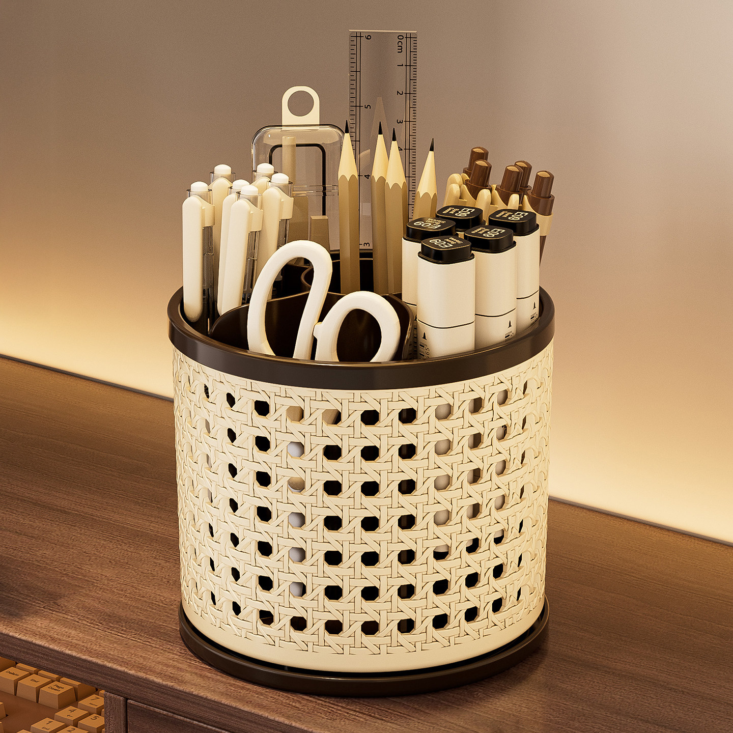 可旋转笔筒桌面收纳盒中古风藤编高级感办公室工位书桌文具整理盒,收纳整理,桌面收纳盒,淘宝优惠券,粉丝福利购,淘宝优惠卷