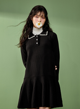2020冬季新款黑色polo领针织连衣裙女韩版小个子裙A8FA94407