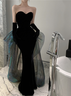 黑色丝绒抹胸鱼尾晚礼服裙高级感生日Part演出主持人毕业年会长款