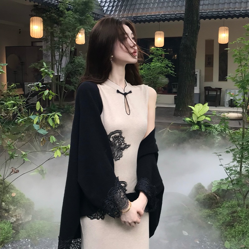 2025初秋新中式无袖旗袍针织连衣裙长裙开衫两件套套装