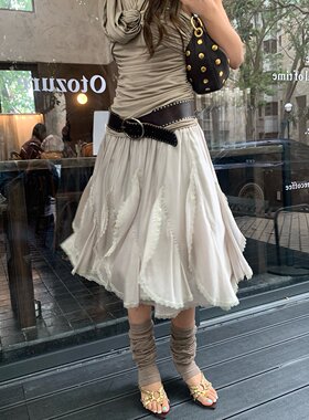 天丝醋酸混纺时尚不规则蕾丝花边设计感松紧腰半身裙女