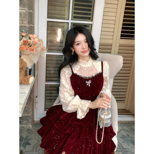 新款 暮冬烁灵 春季 细闪丝绒红色吊带裙套装 磨毛水钻上衣