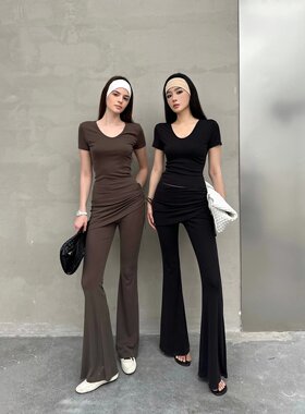 【瘦没了 纸片人套装】修身短袖T假两件微喇裤女套装