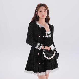 鄧法式 復(fù)古加厚燈芯絨甜酷小香風(fēng)連衣裙女秋赫本風(fēng)小黑裙短裙六六