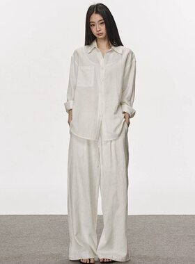 亚麻衬衫套装女白色秋季休闲宽松复古百搭慵懒风二件套