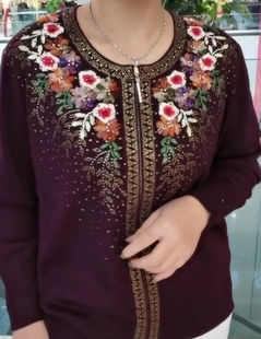 龙源蝶秀2988手工钉珠绣花羊毛开衫妈妈婆婆