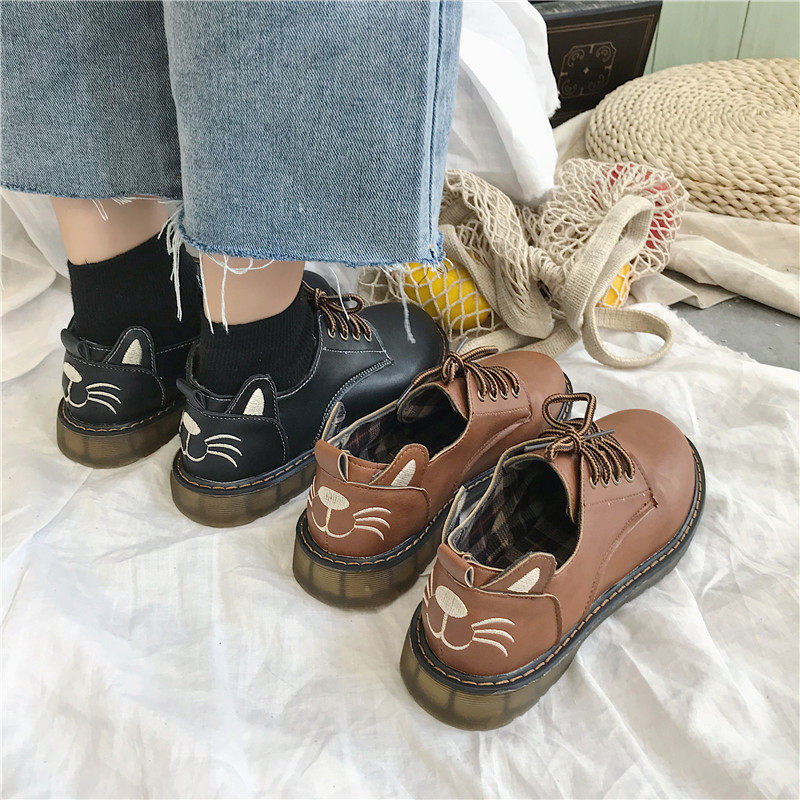 新款单鞋女可爱猫咪平底鞋韩版ulzzang圆头系带休闲鞋学院风女鞋