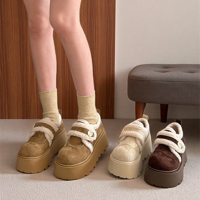 白色复古增高厚底加绒雪地棉鞋女冬2025新款加厚保暖毛毛勃肯鞋子