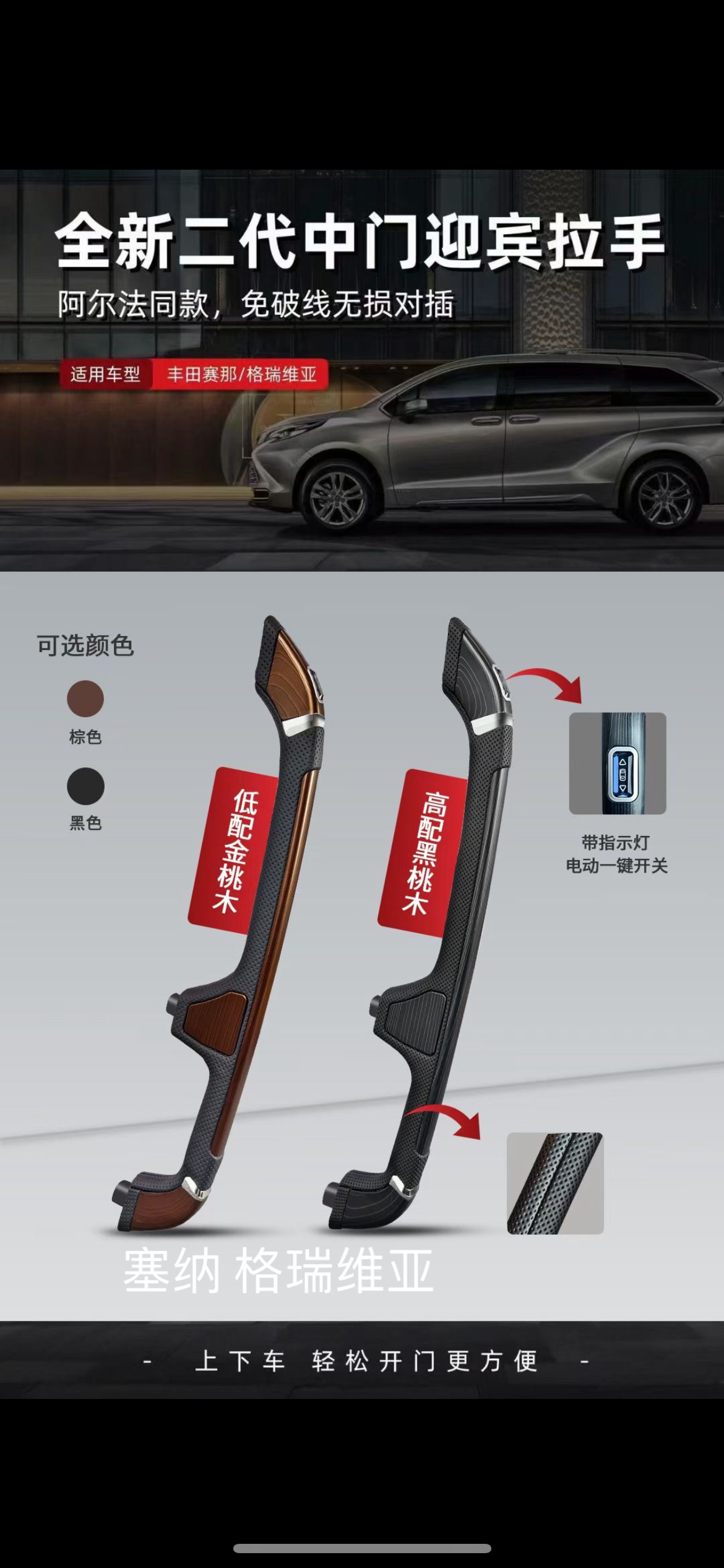 适用于丰田赛那中门扶手塞纳上车桃木扶手格瑞维亚迎宾扶手开关