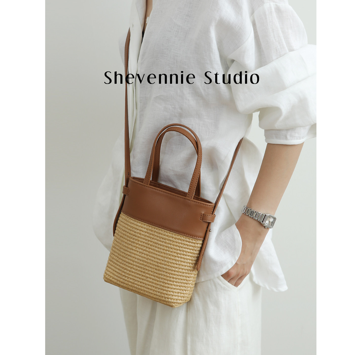 Shevennie2026原创度假风防水防脏牛皮草编包牛皮小斜挎包手机包,箱包皮具/热销女包/男包,通用款女包,淘宝优惠券,粉丝福利购,淘宝优惠卷