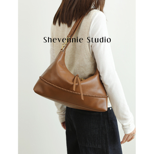 Shevennie2025秋冬复古头层牛皮手工真皮托特包hobo包斜垮腋下包