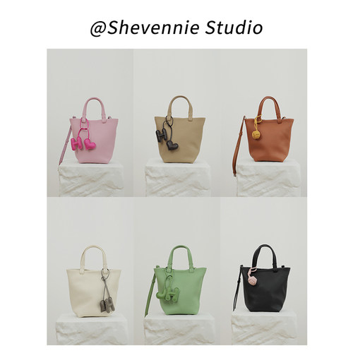 shevennie24春小众头层牛皮水桶包单肩斜挎手提菜篮子真皮女包