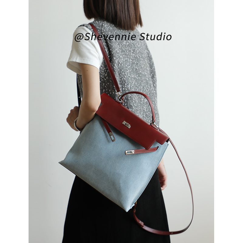 shevennie 牛皮帆布时尚双肩包手提小方包单肩大容量背包通勤女包