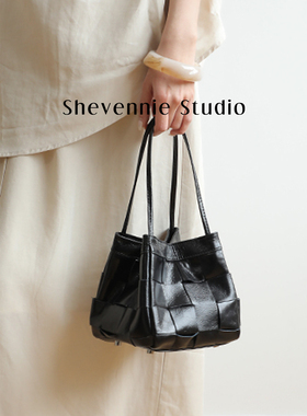 shevennie新款 韩系牛皮水桶包编织盒子包单肩斜挎包托特包手提包