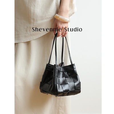 shevennie新款 韩系牛皮水桶包编织盒子包单肩斜挎包托特包手提包