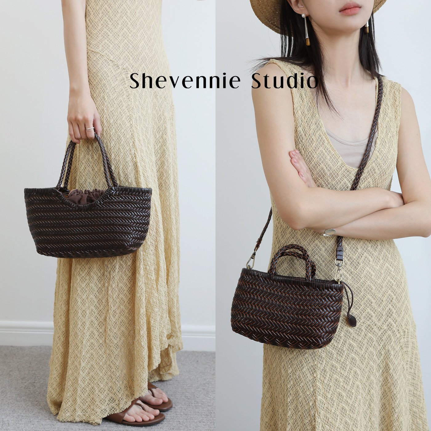 Shevennie2026复古纯手工真皮编织托特包女手提斜挎度假包菜篮子