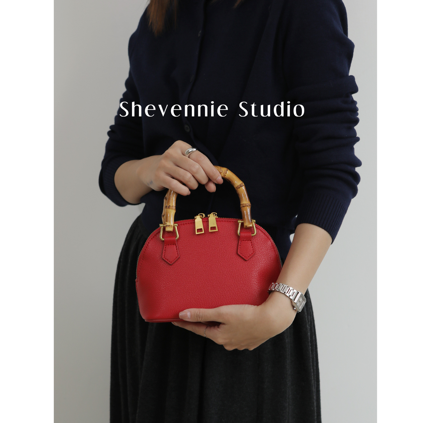 Shevennie复古竹节手柄贝壳包山羊皮手提包迷你手提斜挎单肩包