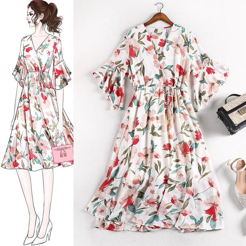 Lanmufang fat mm Dress Summer wear new pattern Large Women's wear Show thin By age V-neck Broken flowers Chiffon skirt QM865in the Women's clothing/Boutique , Dress  category - from Buy2taobao.com to provide professional Taobao agent buy service