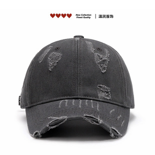 做旧破洞光版棒球帽男新款潮百搭休闲弯檐遮阳鸭舌帽子女韩版软顶