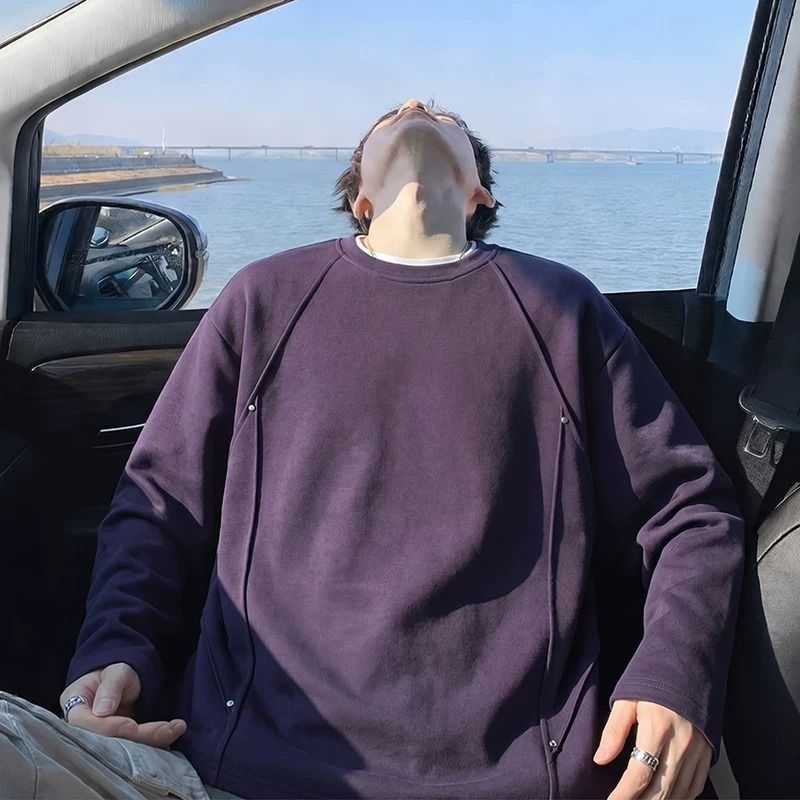 2026新品潮流铆钉圆领卫衣男大码宽松百搭休闲时尚纯色长袖上衣男